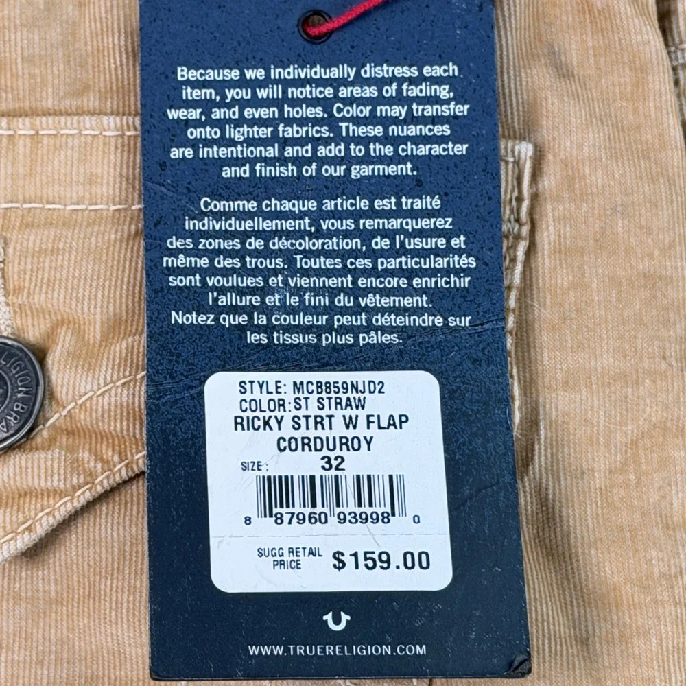 True Religion Ricky Corduroy Pants Mens 32 Straw Tan Relaxed Straight NWT